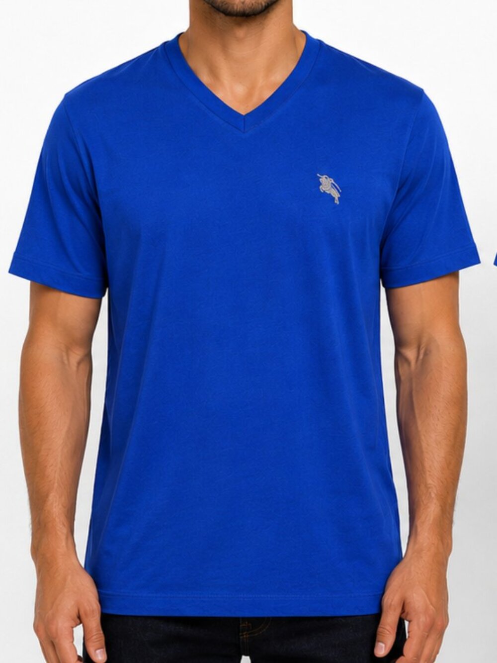 Burberry Brit Mens Blue V-Neck T-Shirt Silver Knight Logo Cotton Size M